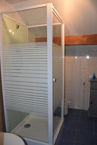 une douche avec une porte vitrée dans une salle de bain dans l'établissement studio des perce neige, à Barcelonnette