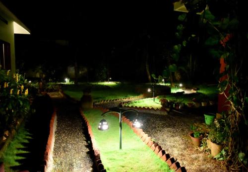 a garden at night with lights in the grass at Green View in Thekkady