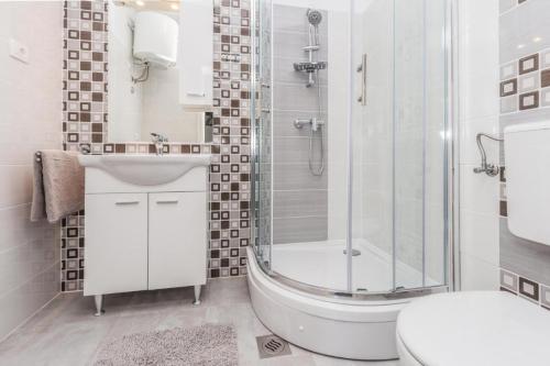 La salle de bains est pourvue d'une douche, de toilettes et d'un lavabo. dans l'établissement Edi Blue Funtana, à Funtana