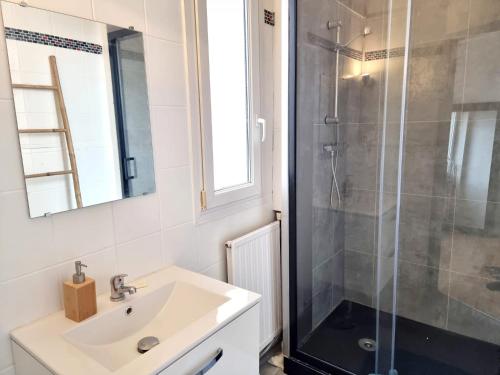 une salle de bain avec un lavabo et une douche dans l'établissement Le chesterfield - coeur de ville, à Épinal