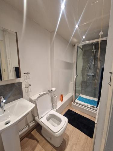 ein Bad mit einem Waschbecken, einem WC und einer Dusche in der Unterkunft Executive 2-Bedroom House in Wallsend in Wallsend