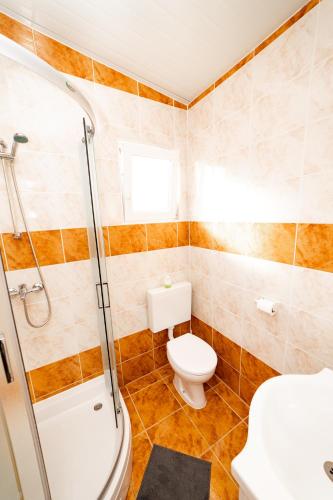 a bathroom with a toilet and a shower at Guesthouse Lastavica in Novalja