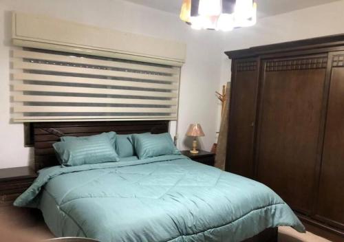 a bedroom with a large bed with blue pillows at شقة مفروشة 4غرف نوم شارع الجامعة in Amman