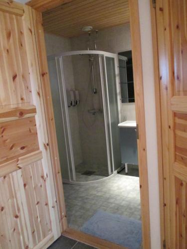 a bathroom with a shower with a glass door at Polar Star Origo Apartments in Levi