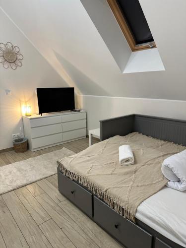 a bedroom with a bed and a flat screen tv at Domowy Zakątek in Tuchom