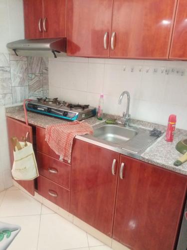 a kitchen with wooden cabinets and a sink at ORIENT TOWER STUDIO in Ajman 
