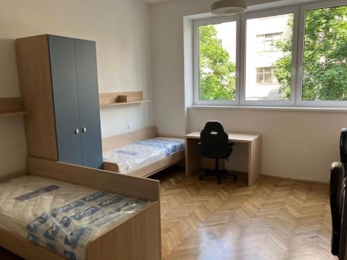 Zimmer mit 2 Betten, einem Schreibtisch und einem Fenster in der Unterkunft CafDorm in Maribor