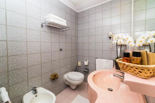 uma casa de banho com um lavatório rosa e um WC. em Hotel Alexander em Gabicce Mare