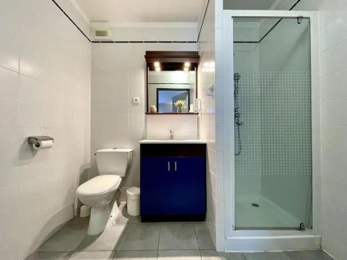een badkamer met een toilet en een glazen douche bij Zen studio ※ parking - piscine in Carcassonne
