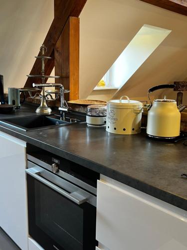 a kitchen counter with pots and pans on it at Hofgut Holzmuhle in Germersheim