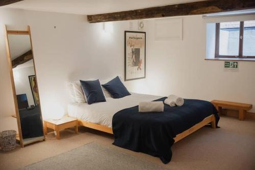 a bedroom with a large bed with blue pillows at Spacious Grade II Listed Flint Cottage Sleeps 2 in Norwich