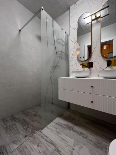 a bathroom with a sink and a mirror at PaVoni Apartments Veranda Blu Mare in Łeba