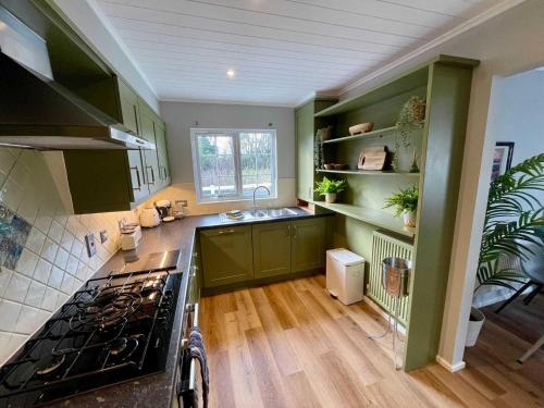 a kitchen with green cabinets and a stove top oven at Windrush Turret Lodge in South Cerney