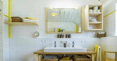 a bathroom with a sink and a mirror at Severinenhof in Schramberg