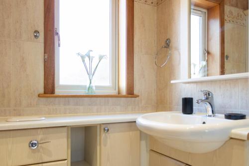 een badkamer met een wastafel en een raam met bloemen in een vaas bij Gunn House in Grangemouth
