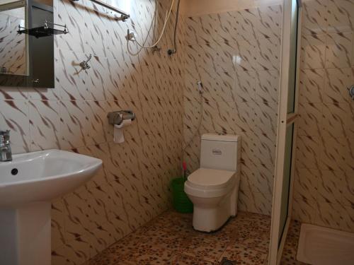 a bathroom with a white toilet and a sink at Honey Guest House in Lalībela