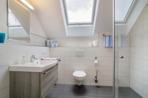 a bathroom with a sink toilet and a skylight at Haus Buche in Hödingen