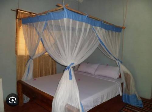 Mangrove Beach Bungalows في Utende: غرفة نوم بسرير مظلة مع ستائر زرقاء وبيضاء