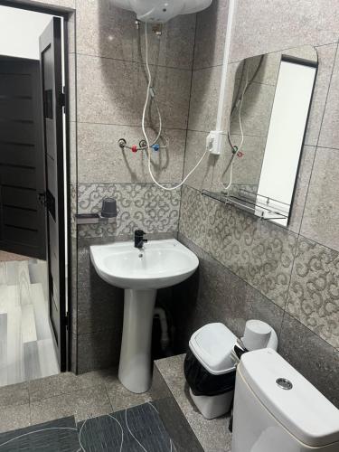 卡拉科爾的住宿－Sayak hostel，一间带水槽、卫生间和镜子的浴室