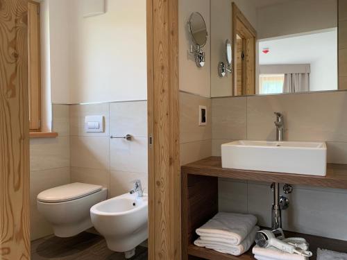 La salle de bains est pourvue d'un lavabo et de toilettes. dans l'établissement Hotel Miravalle, à Soraga