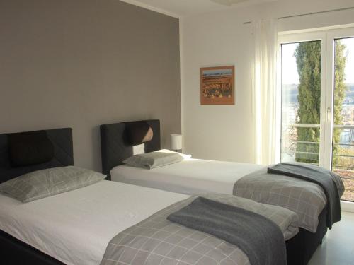 2 camas en un dormitorio con ventana en Grimm's Lodge en Lörrach