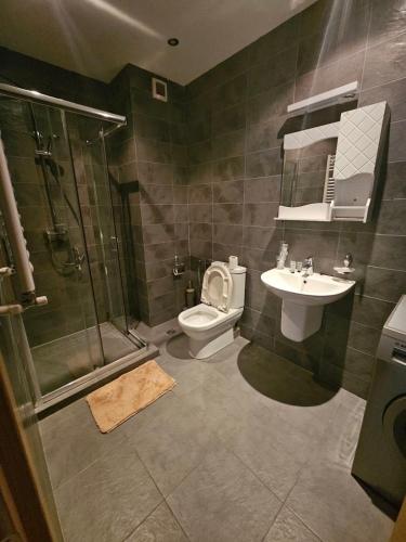 y baño con ducha, aseo y lavamanos. en Tbilisi Apartments -M2- complex Saburtalo en Tiflis