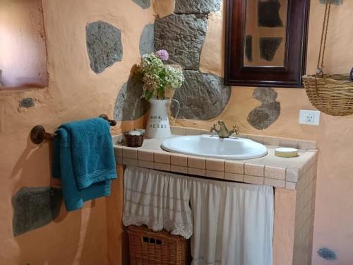 a bathroom with a sink and a vase of flowers at Vivienda rural con piscina La casa del Caminante in Valleseco