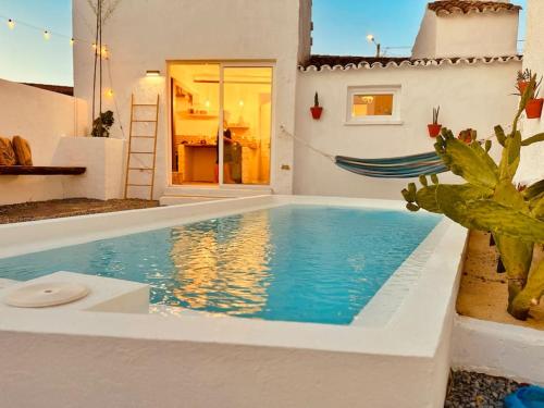 a pool with a hammock in a house at Paraíso do Corval in São Pedro do Corval