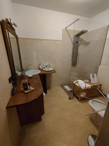 a bathroom with a sink and a shower and a mirror at Al Calar Della Sera in Sommariva del Bosco