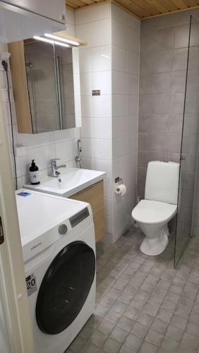 a bathroom with a toilet sink and a washing machine at Spacious loft apartment with a lake view in Tampere