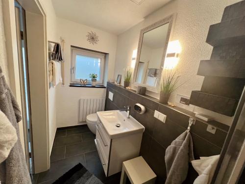 ein Badezimmer mit einem weißen WC und einem Waschbecken in der Unterkunft Casparidyll in Sigmaringen