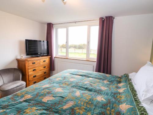 a bedroom with a bed and a tv and a window at Cherry Croft in Wigton