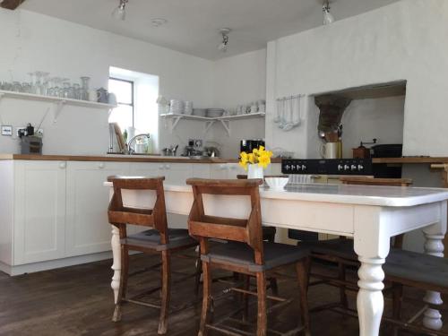 a kitchen with a white table and chairs at Quay Cottage Llandeilo in Llandeilo