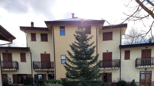 a building with a christmas tree in front of it at Park Hotel Bellavista in Gambarie dʼAspromonte