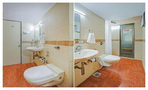 twee foto's van een badkamer met twee toiletten en een wastafel bij Welcome Service Apartments in Mumbai