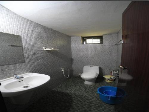 ein Bad mit einem Waschbecken und einem WC in der Unterkunft Ayur Padma Subram Home Stay in Kizhake Chālakudi