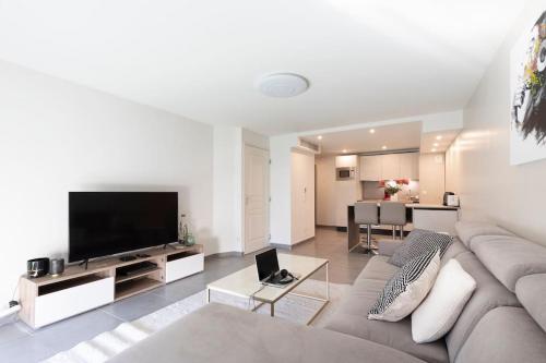un salon avec un canapé et une télévision à écran plat dans l'établissement Superbe T2 Moderne et Luxueux, à Cannes