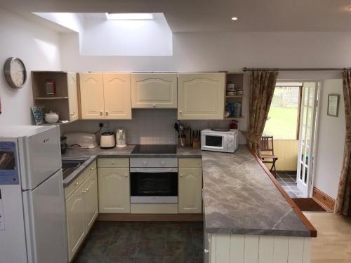 a kitchen with white cabinets and a white microwave at Hafan Llansteffan in Llanstephan