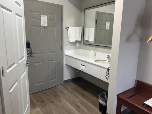 a bathroom with a white sink and a mirror at Baymont by Wyndham Lakeland in Lakeland