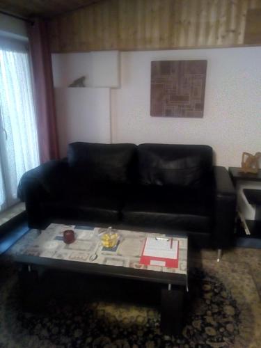 a black couch in a living room with a coffee table at Brachelen in Hückelhoven