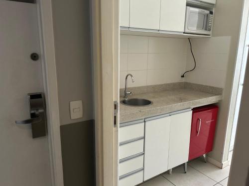 una pequeña cocina con fregadero y microondas en Apart-Hotel Setor Hoteleiro Norte com serviço diário de limpeza, en Brasilia