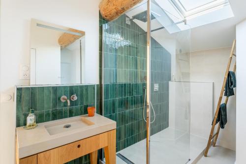 La salle de bains est pourvue d'un lavabo et d'une douche. dans l'établissement Le petit clos St Devote par Dodo à Cassis, à Cassis