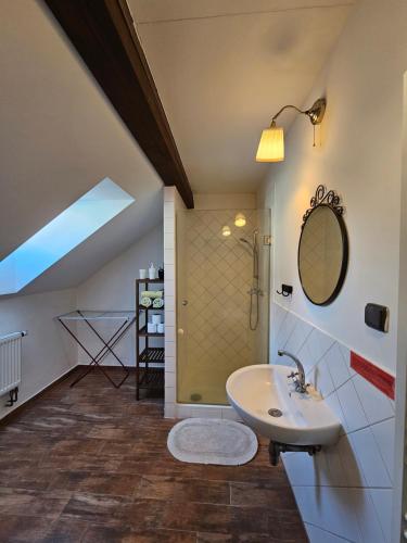 a bathroom with a sink and a shower at Apartmánové ubytování v Koutech in Loučná nad Desnou