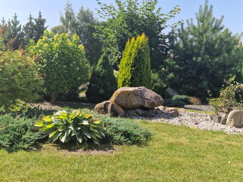 a garden with a rock and some bushes and trees at Kambarių nuoma Žeimelyje in Žeimelis