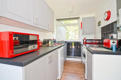 a kitchen with a red microwave on a counter at 74 Sandown Bay Holiday Park, Isle of Wight in Sandown
