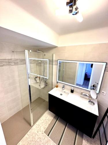 une salle de bain avec un lavabo et une douche dans l'établissement Mirabeau - Appartement de luxe de 100m2 avec terrasse, à Nice