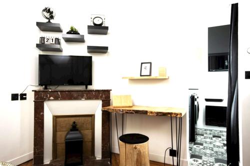 Il comprend un salon doté d'une cheminée et d'une télévision à écran plat. dans l'établissement Studio confortable à Clermont-Ferrand, 25 m², proche centre-ville, à Clermont-Ferrand