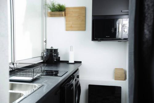 une cuisine avec un évier et un micro-ondes dans l'établissement Studio confortable à Clermont-Ferrand, 25 m², proche centre-ville, à Clermont-Ferrand