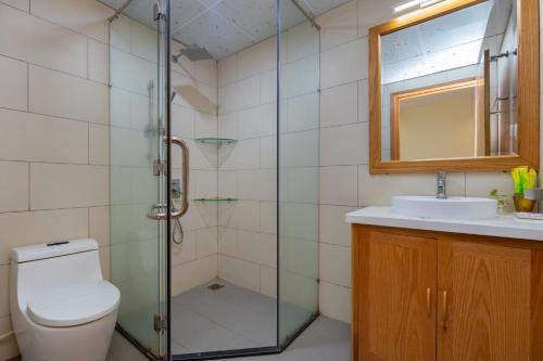 ein Bad mit einer Dusche, einem WC und einem Waschbecken in der Unterkunft Marvelous Sea View in Vũng Tàu