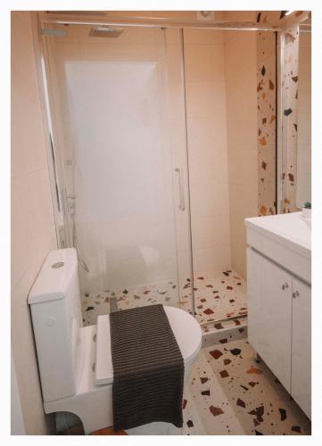 a bathroom with a shower and a white toilet at Arias Apartments in Nea Kalikratia